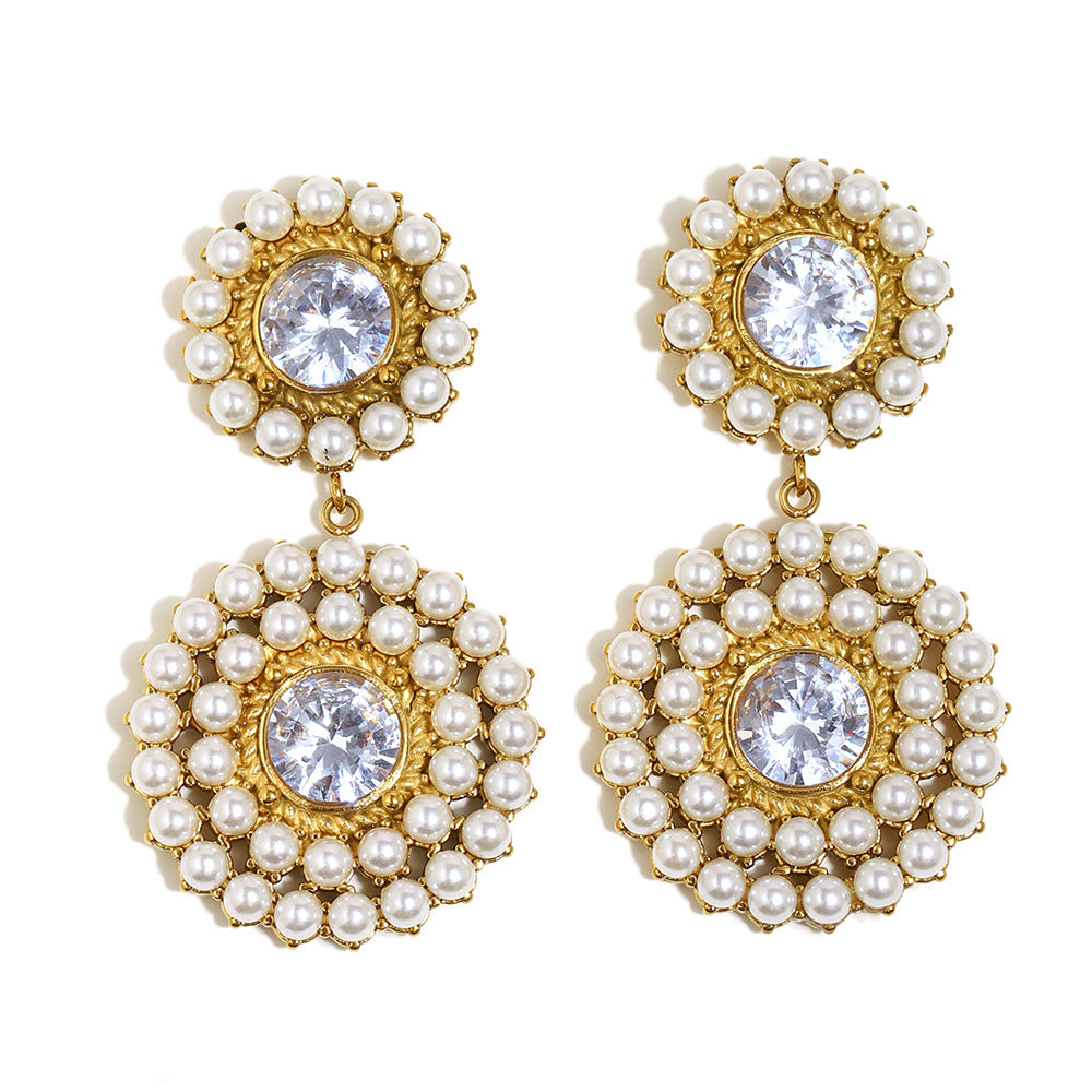 Customizable Trendy PVD 18K Gold Plated Stainless Steel Flower Drop Earrings Pearl/Zircon Third Party Certified for Women