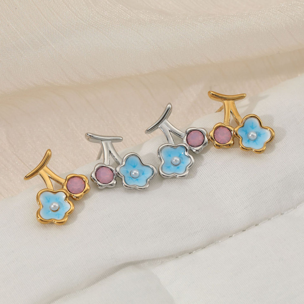 Stainless Steel Imitation Pearl Flower Stud Earrings 18K Gold Plated Trendy Women's Jewelry for Anniversary