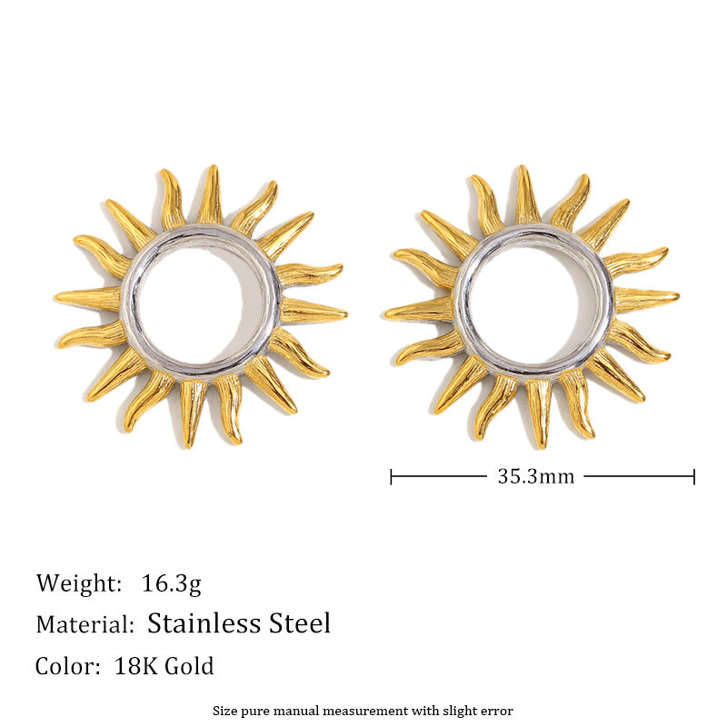 18K Gold Plated PVD Stainless Steel Sun Design Stud Earrings Fashionable Bezel Setting for Party Occasions