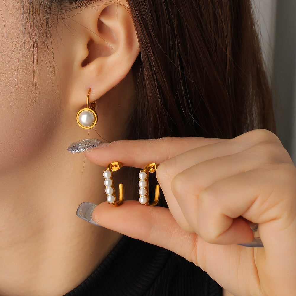 High End Vintage 18K Gold Women's Pearl Stud Earrings Stylish Geometric Pattern Stainless Steel Jewelry Multiple Colors