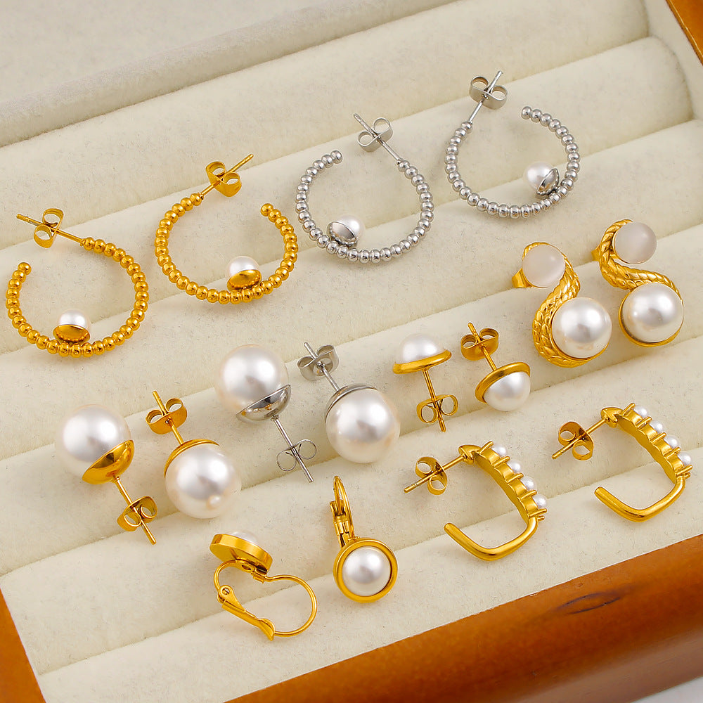 High End Vintage 18K Gold Women's Pearl Stud Earrings Stylish Geometric Pattern Stainless Steel Jewelry Multiple Colors