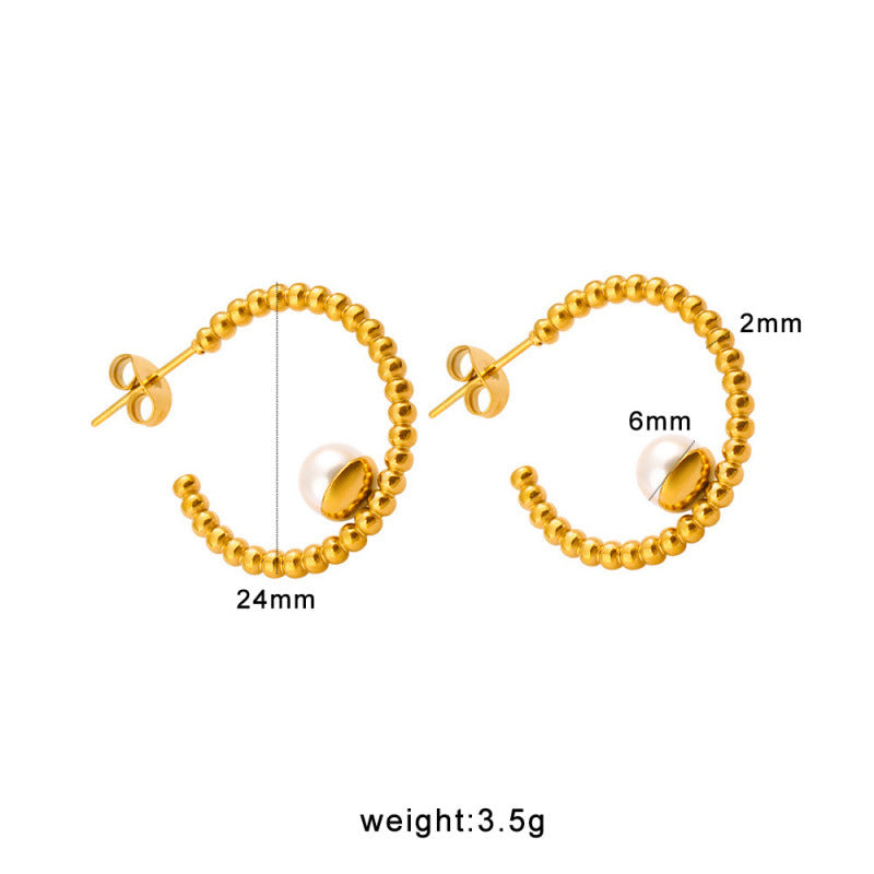 High End Vintage 18K Gold Women's Pearl Stud Earrings Stylish Geometric Pattern Stainless Steel Jewelry Multiple Colors