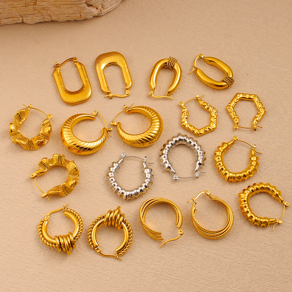 18K Gold Plated Waterproof Stainless Steel Hoop Earrings Customizable Trendy Classic Geometric Peace Jewelry Unisex for Parties
