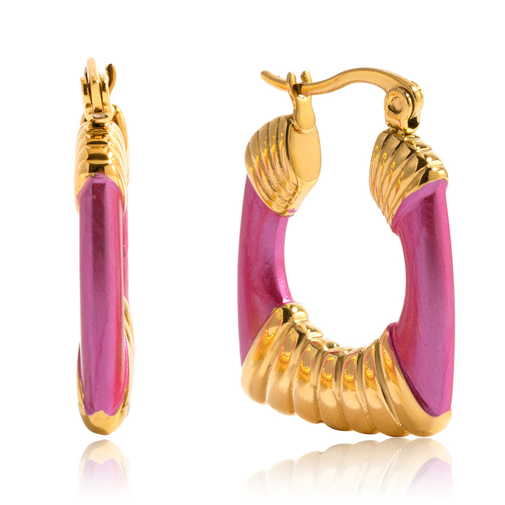 Customizable 18k Gold PVD Plated Stainless Steel Hoop Earrings Trendy Magenta Color Enamel for Party Girls Fashion Accessory