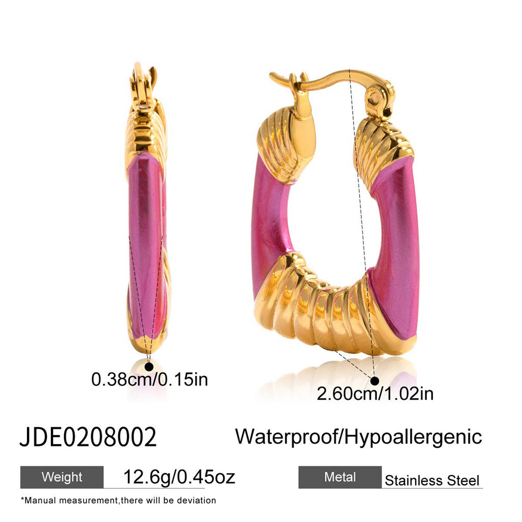 Customizable 18k Gold PVD Plated Stainless Steel Hoop Earrings Trendy Magenta Color Enamel for Party Girls Fashion Accessory