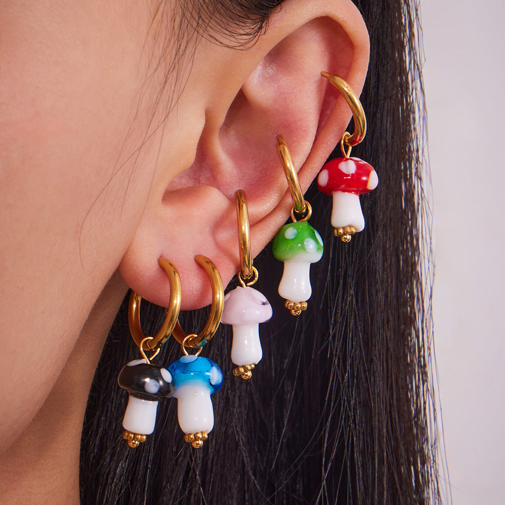 Cute Colorful Mushroom Drop Earrings Bohemian Style Real Gold PVD Plated Stainless Steel Hoop Earrings for Girls Wholesale