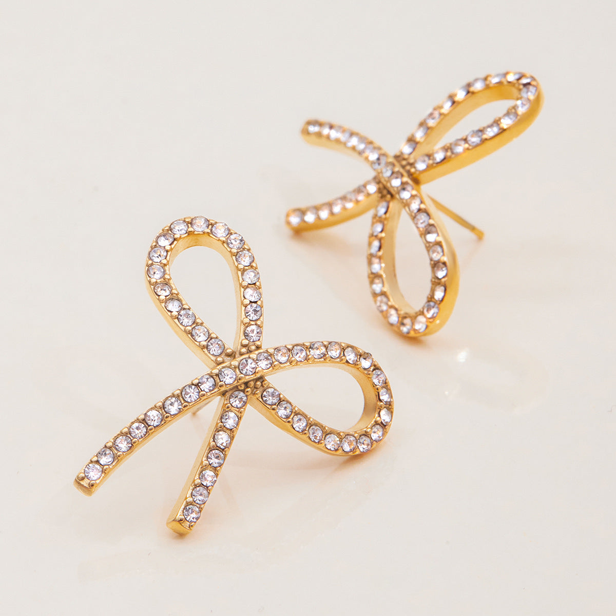 Customizable Real Gold Plated Stainless Steel Zircon Bow Stud Earrings Trendy Cute Fashion Accessory for Girls Perfect Gift
