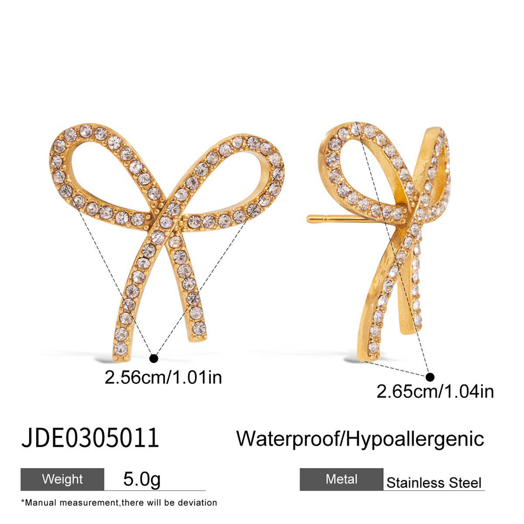 Customizable Real Gold Plated Stainless Steel Zircon Bow Stud Earrings Trendy Cute Fashion Accessory for Girls Perfect Gift