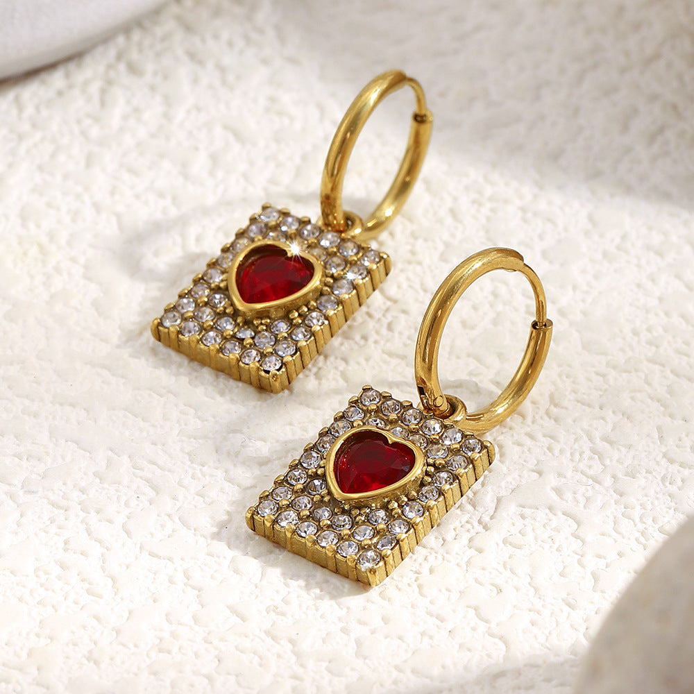 Customizable Drop Earrings with White and Red Zircons 18k Gold PVD Stainless Steel Fashion Jewelry Earrings Heart Earrings