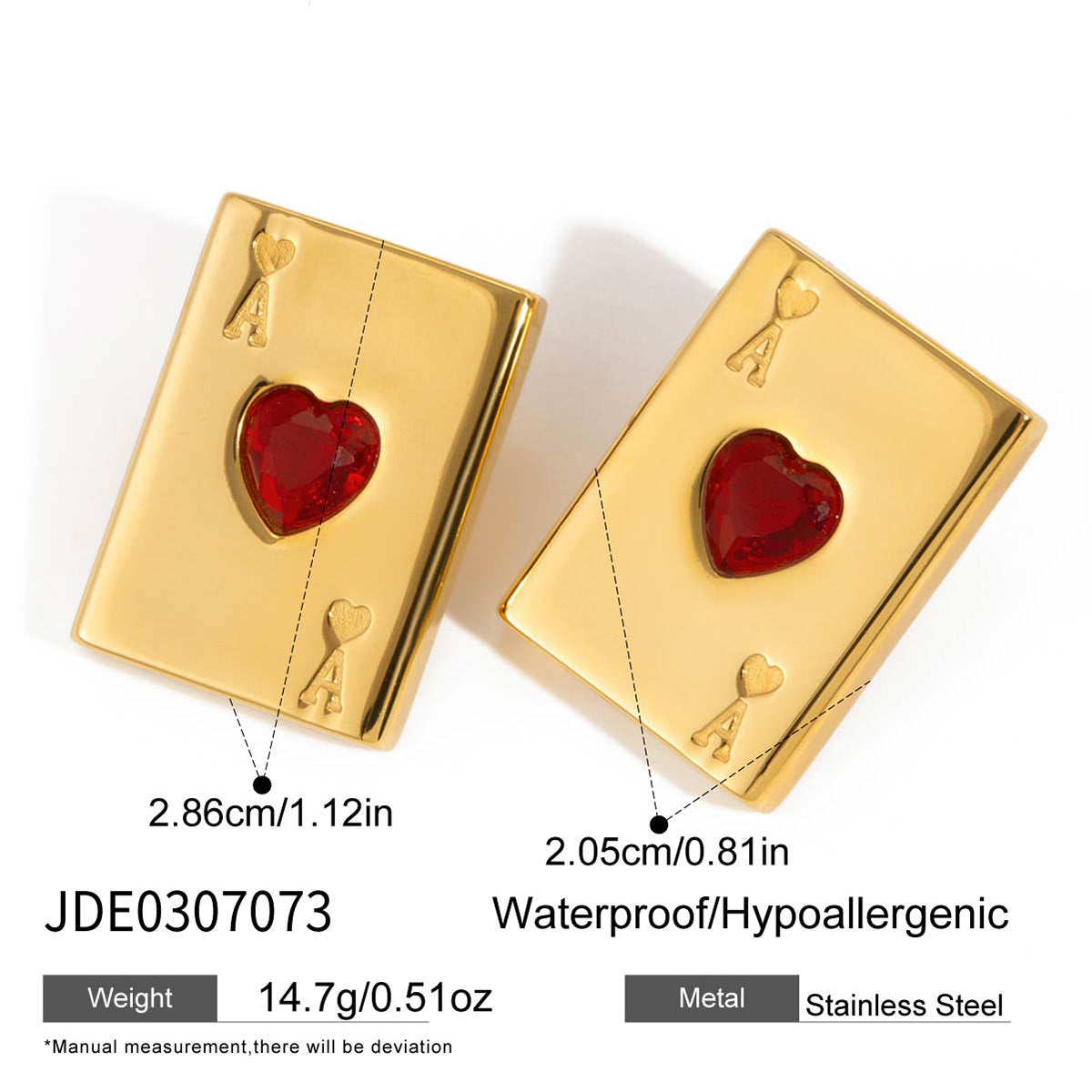 Customizable Vintage Heart Stud Earrings for Women 18K Gold PVD Plated Stainless Steel Cute Geometric Playing Card Design Trendy