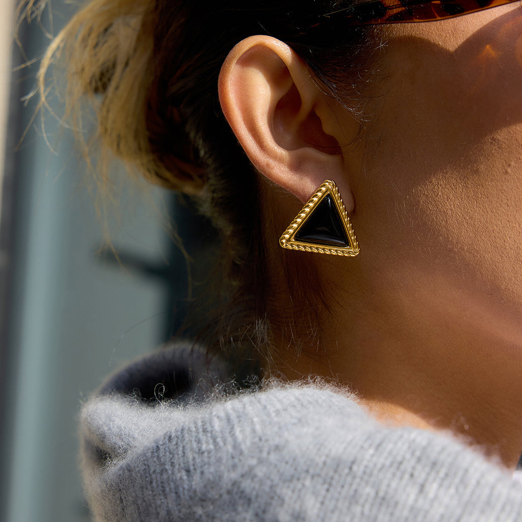 18K Gold PVD Plated Stainless Steel Triangular Black Agate Stud Earrings for Women