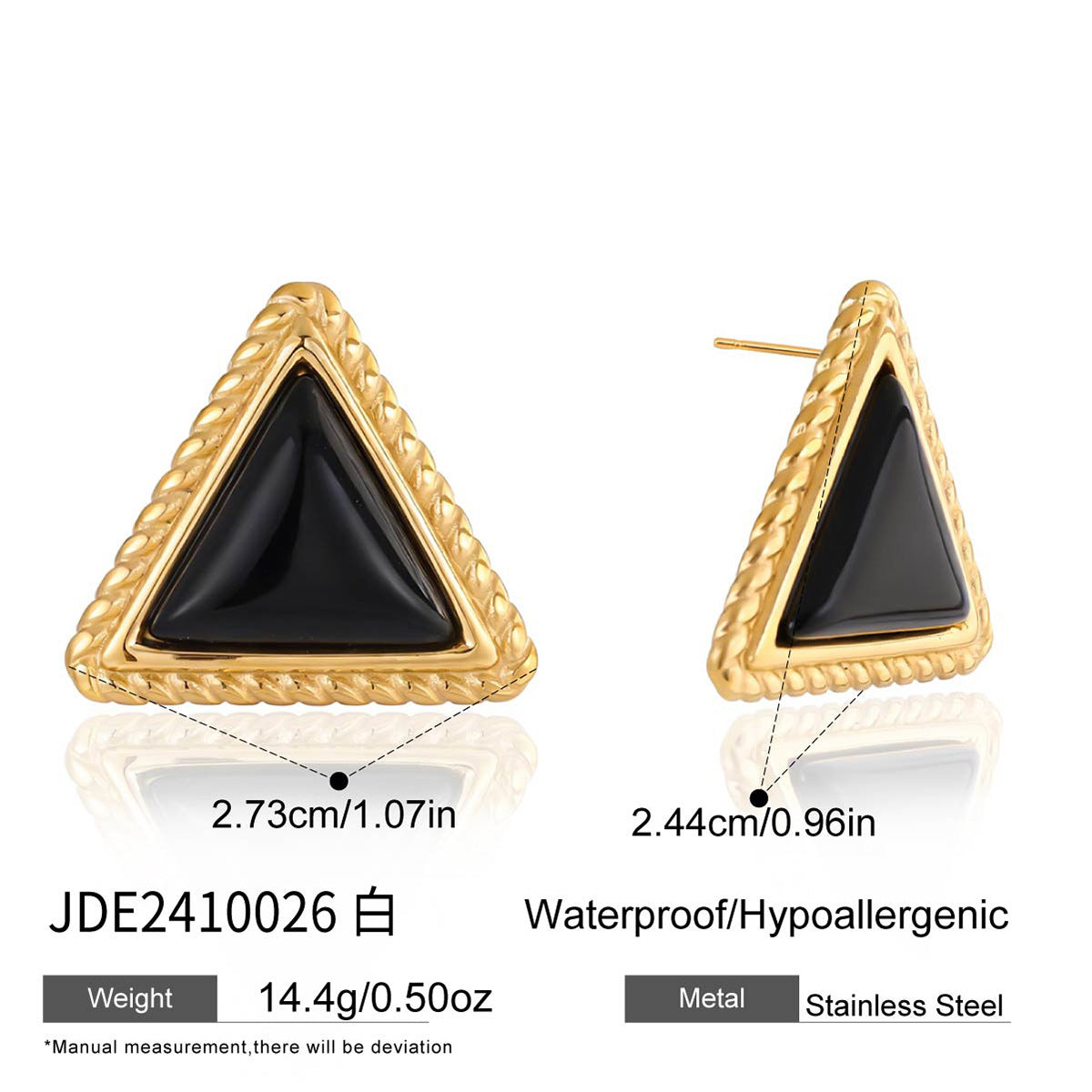 18K Gold PVD Plated Stainless Steel Triangular Black Agate Stud Earrings for Women