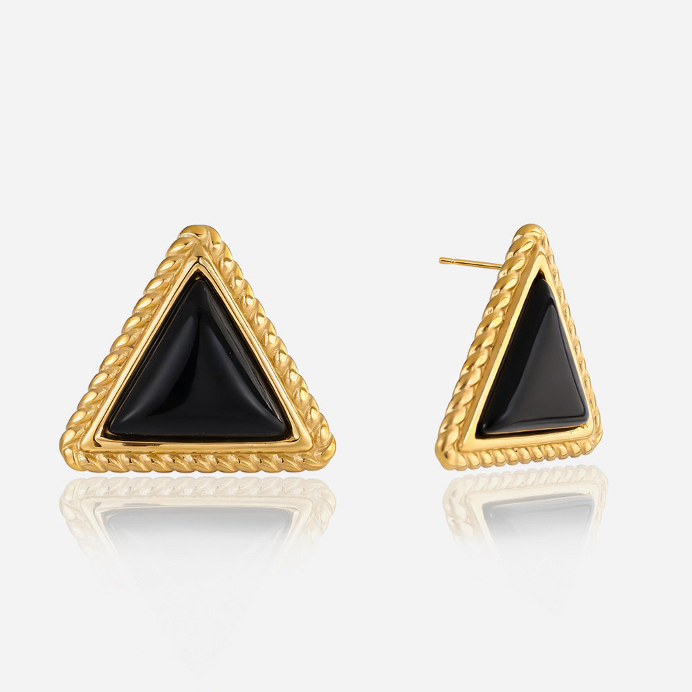 18K Gold PVD Plated Stainless Steel Triangular Black Agate Stud Earrings for Women