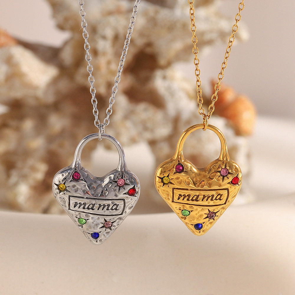 Mama Necklace with Heart Pendant Trendy Stainless Steel Real Gold PVD Plated Link Chain and Zircon Best Gift for Mom