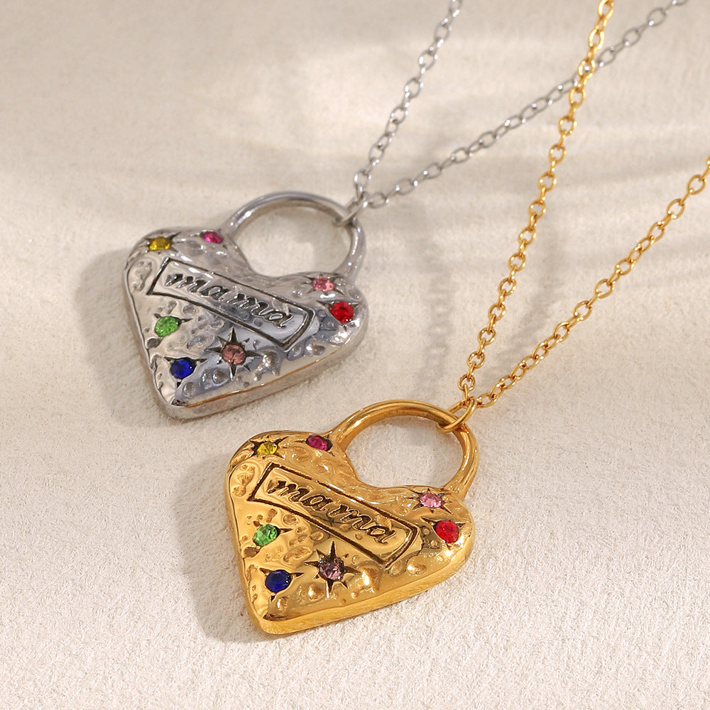 Mama Necklace with Heart Pendant Trendy Stainless Steel Real Gold PVD Plated Link Chain and Zircon Best Gift for Mom