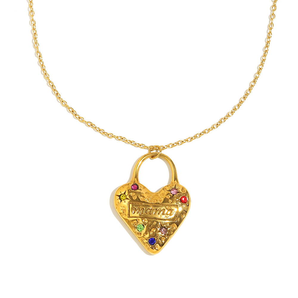 Mama Necklace with Heart Pendant Trendy Stainless Steel Real Gold PVD Plated Link Chain and Zircon Best Gift for Mom