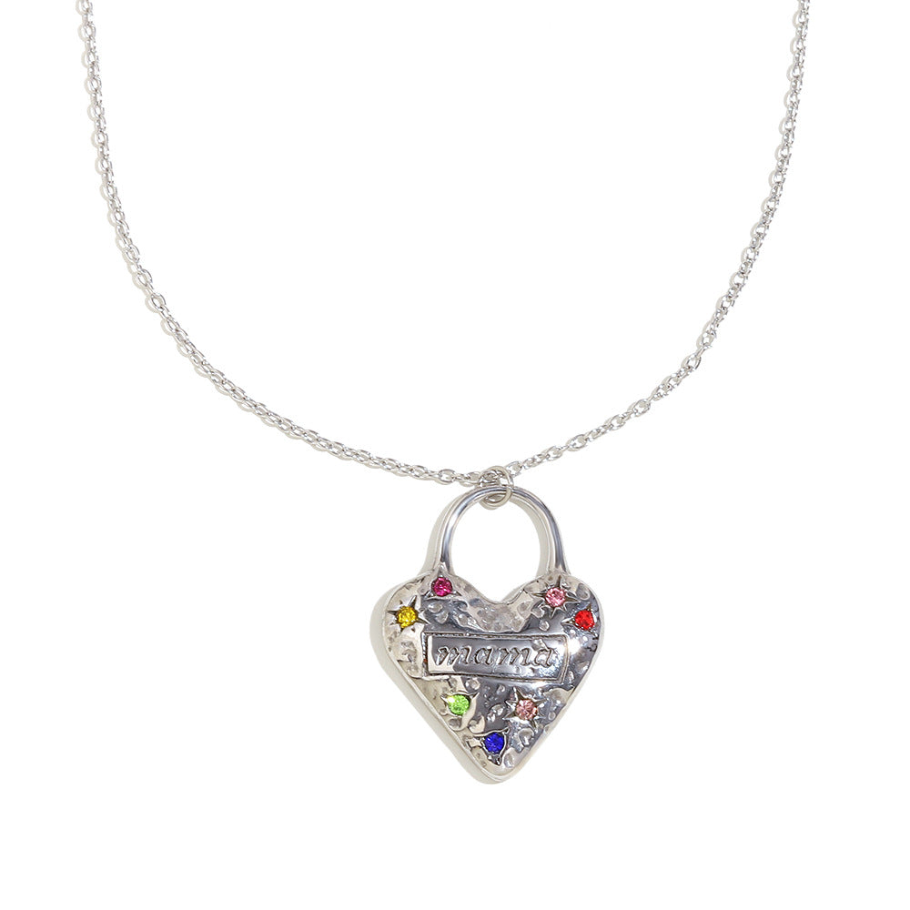 Mama Necklace with Heart Pendant Trendy Stainless Steel Real Gold PVD Plated Link Chain and Zircon Best Gift for Mom