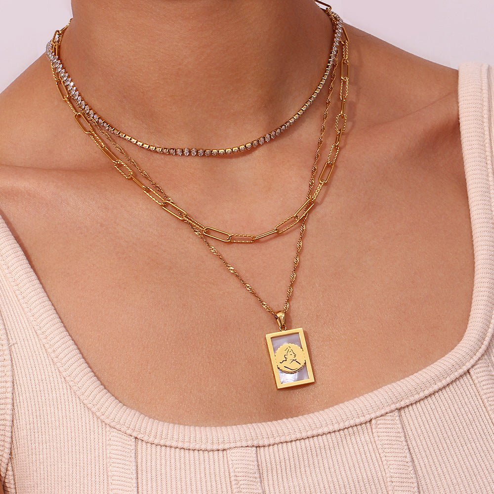 Mama Necklace Natural White Shell Pendant with Geometric Link Chain Real Gold PVD Plated Best Gift Necklace for Mom