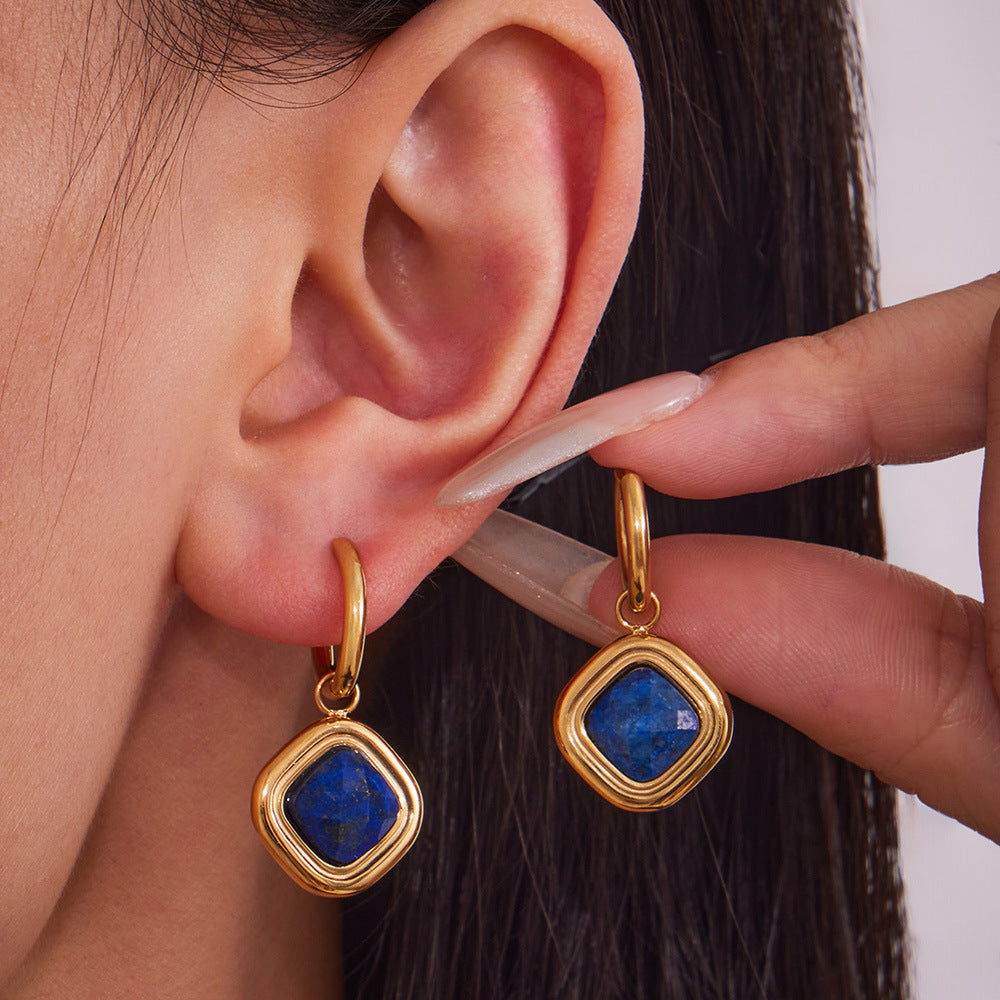 Cute 18K Gold Plated Stainless Steel Heart Drop Earrings with Zirconia & Lapis Stone Fashion Wholesale Jewelry