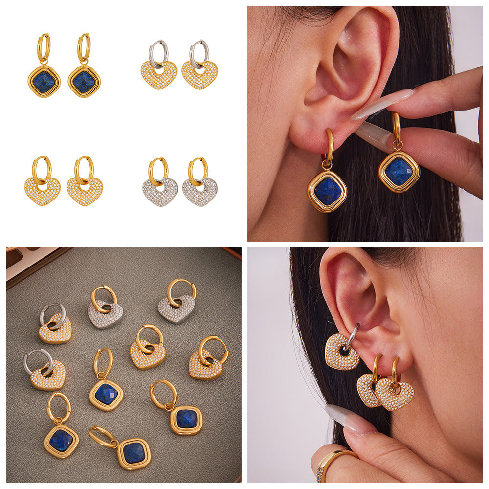 Cute 18K Gold Plated Stainless Steel Heart Drop Earrings with Zirconia & Lapis Stone Fashion Wholesale Jewelry