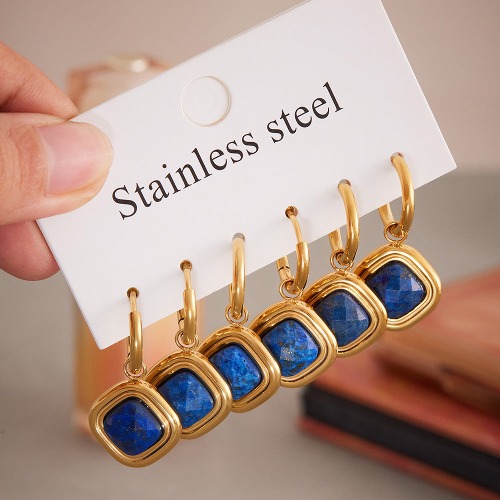 Cute 18K Gold Plated Stainless Steel Heart Drop Earrings with Zirconia & Lapis Stone Fashion Wholesale Jewelry