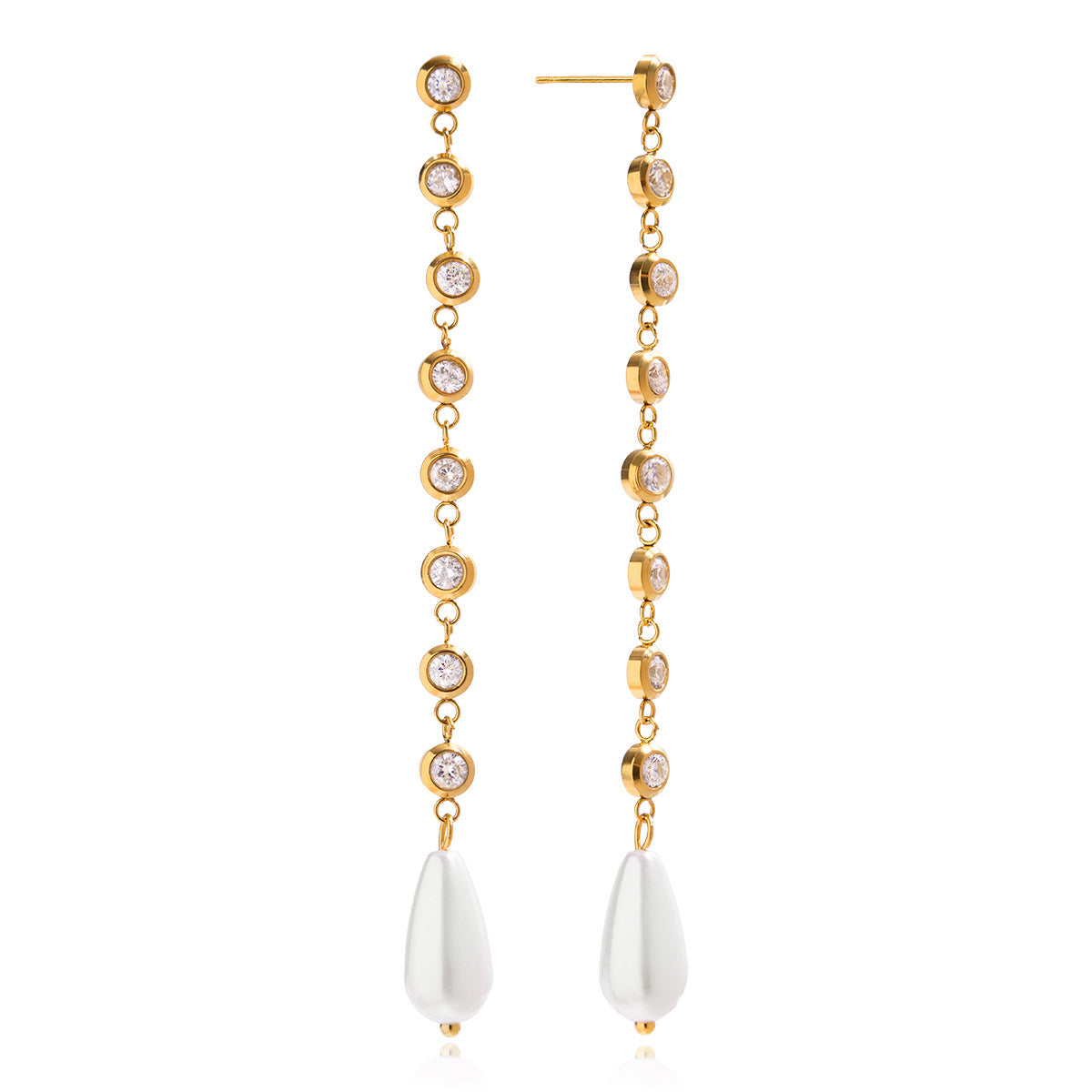 Customizable 18K Gold PVD Plated Long Drop Earrings with Pearls Zircons Trendy Stainless Steel Jewelry for Girls for Parties