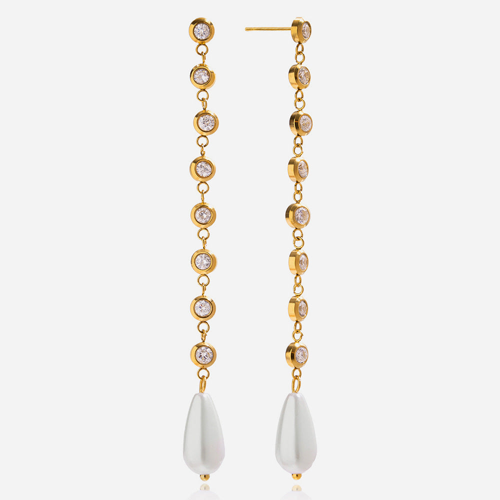 Customizable 18K Gold PVD Plated Long Drop Earrings with Pearls Zircons Trendy Stainless Steel Jewelry for Girls for Parties