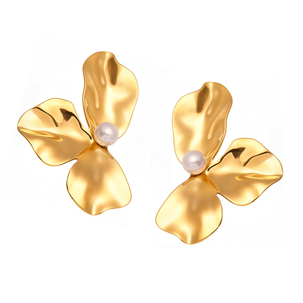 18K Gold Plated Stainless Steel Imitation Pearl Flower Stud Earrings Non-Tarnish Trendy Women's Jewelry Gift for Party Third