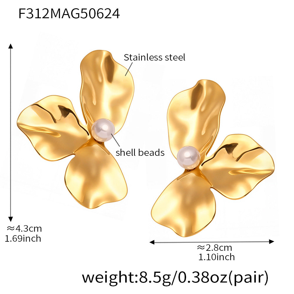 18K Gold Plated Stainless Steel Imitation Pearl Flower Stud Earrings Non-Tarnish Trendy Women's Jewelry Gift for Party Third