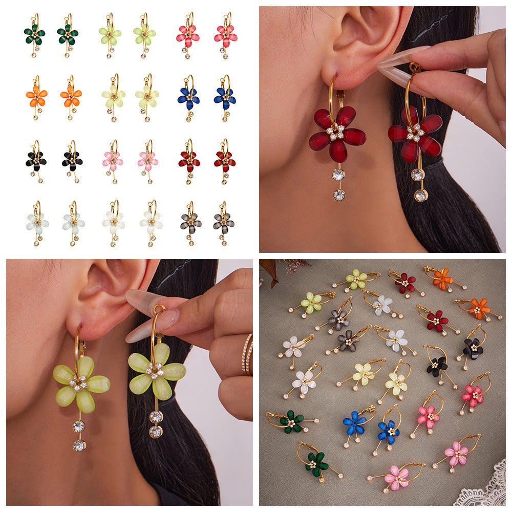 Customizable 18K Gold Plated Stainless Steel Earrings Rotorable Colorful Resin Flower Drop with White Zircons Trendy Style