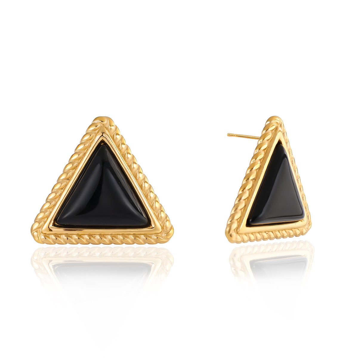 18K Gold PVD Plated Stainless Steel Triangular Black Agate Stud Earrings for Women
