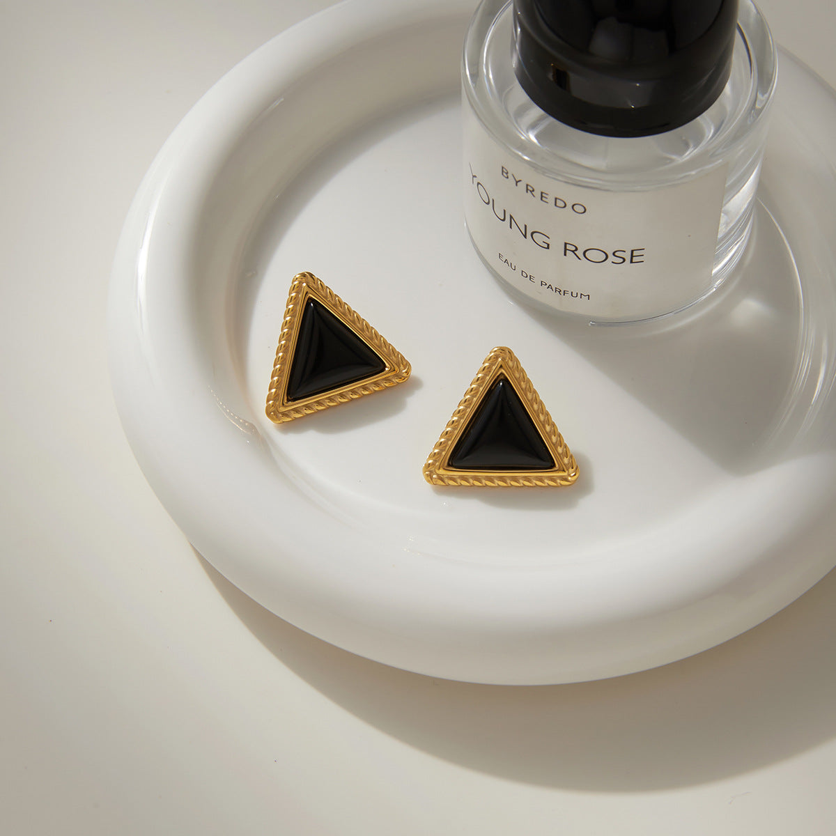 18K Gold PVD Plated Stainless Steel Triangular Black Agate Stud Earrings for Women