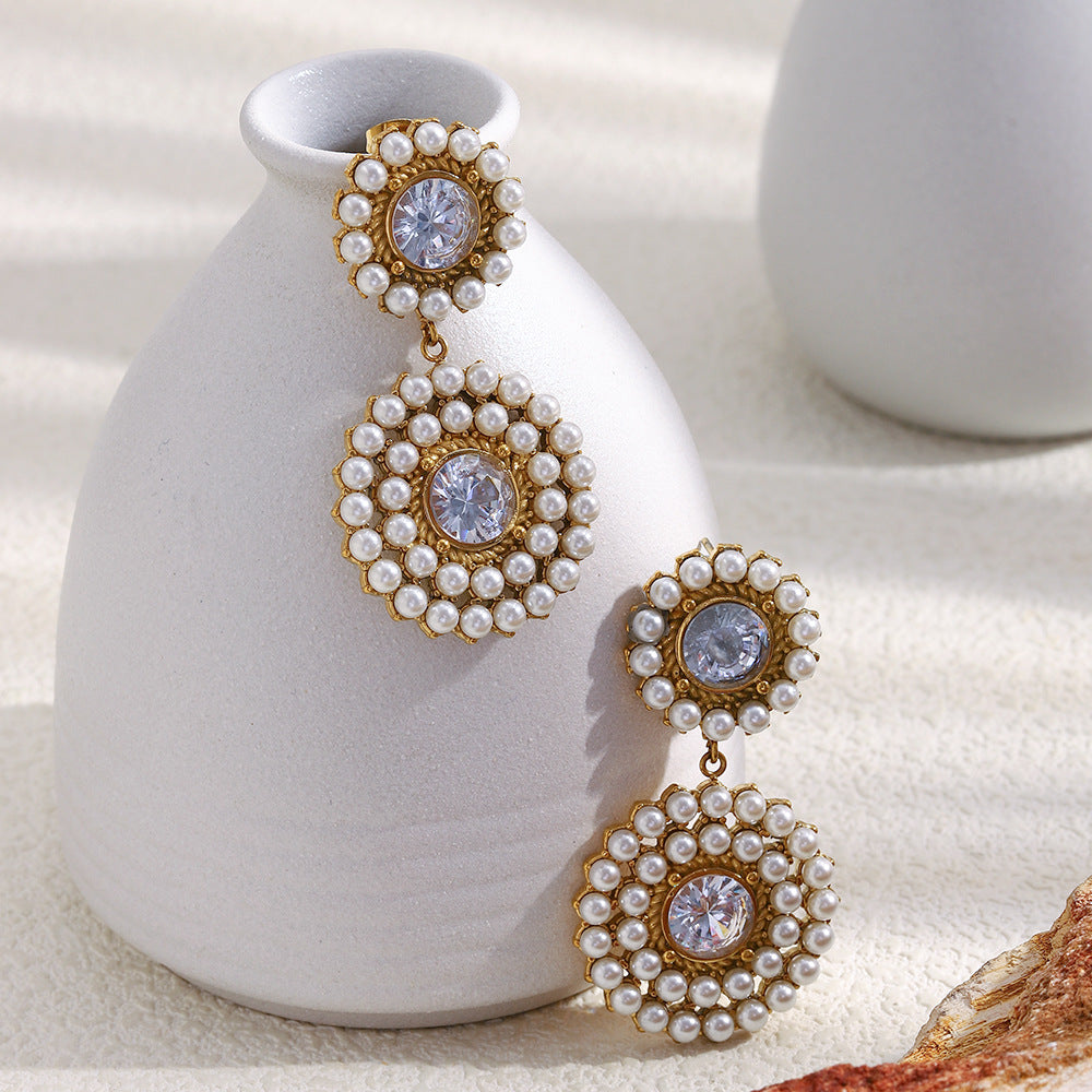 Customizable Trendy PVD 18K Gold Plated Stainless Steel Flower Drop Earrings Pearl/Zircon Third Party Certified for Women
