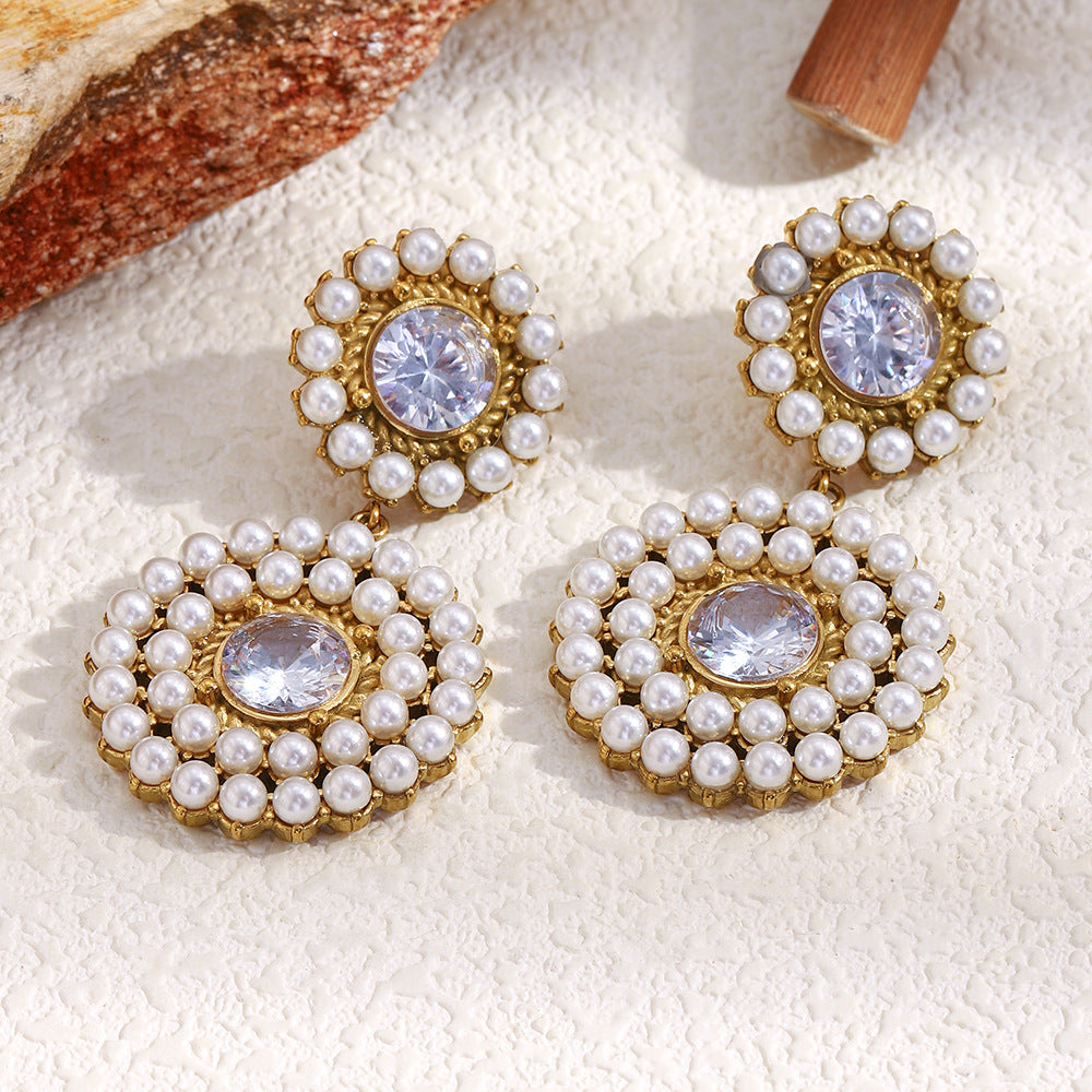 Customizable Trendy PVD 18K Gold Plated Stainless Steel Flower Drop Earrings Pearl/Zircon Third Party Certified for Women