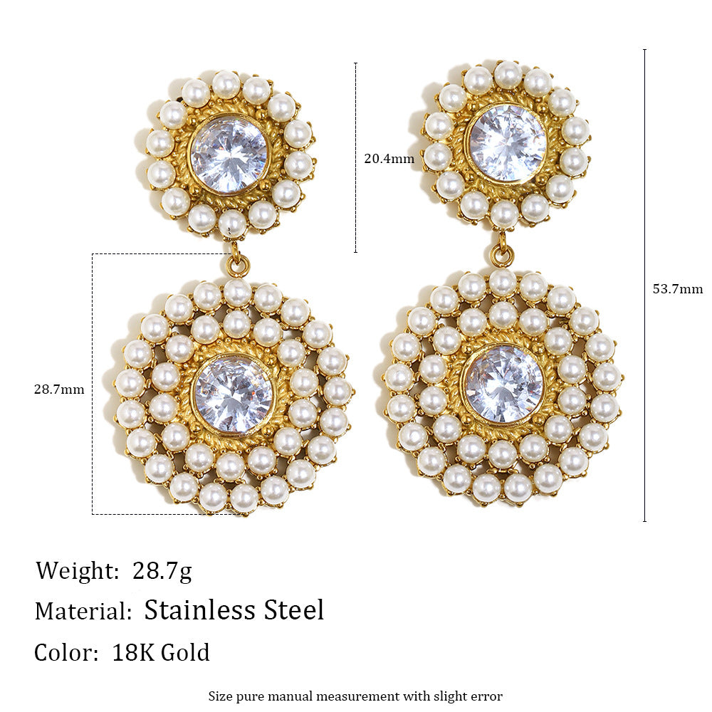 Customizable Trendy PVD 18K Gold Plated Stainless Steel Flower Drop Earrings Pearl/Zircon Third Party Certified for Women
