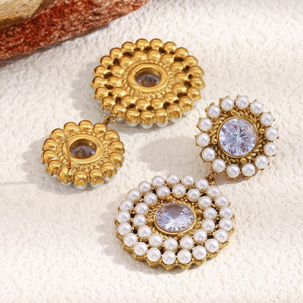Customizable Trendy PVD 18K Gold Plated Stainless Steel Flower Drop Earrings Pearl/Zircon Third Party Certified for Women