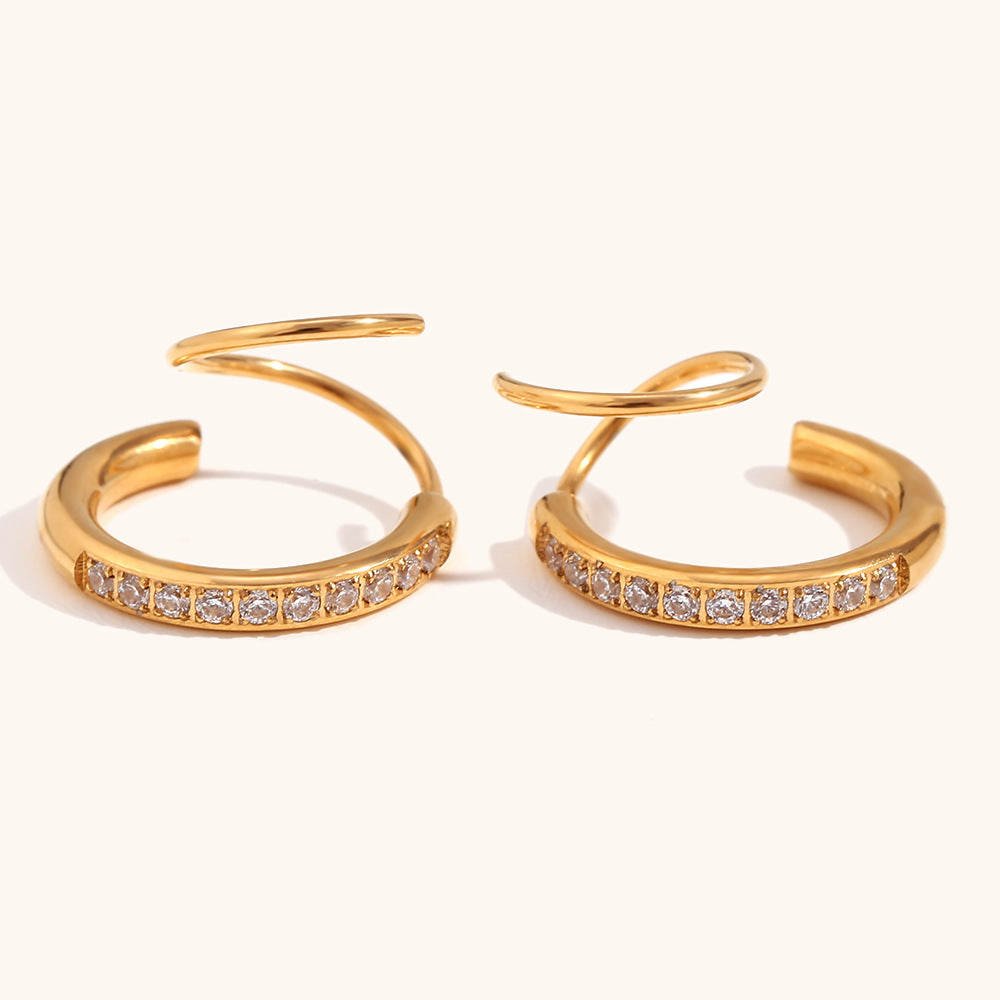 Creative Spiral Crown Stud Earrings Stainless Steel 18K Gold Plated Trendy Personalized Fashionable Light Luxury White Zircons