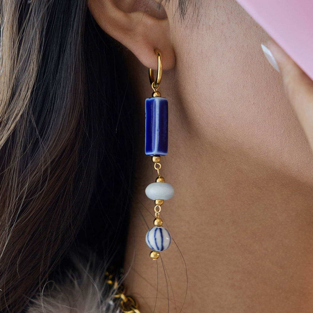 18K Gold Plated Stainless Steel Drop Earrings Girls Trendy Long Drop Earrings Custom Natural Stone Flower Pattern Perfect Gift