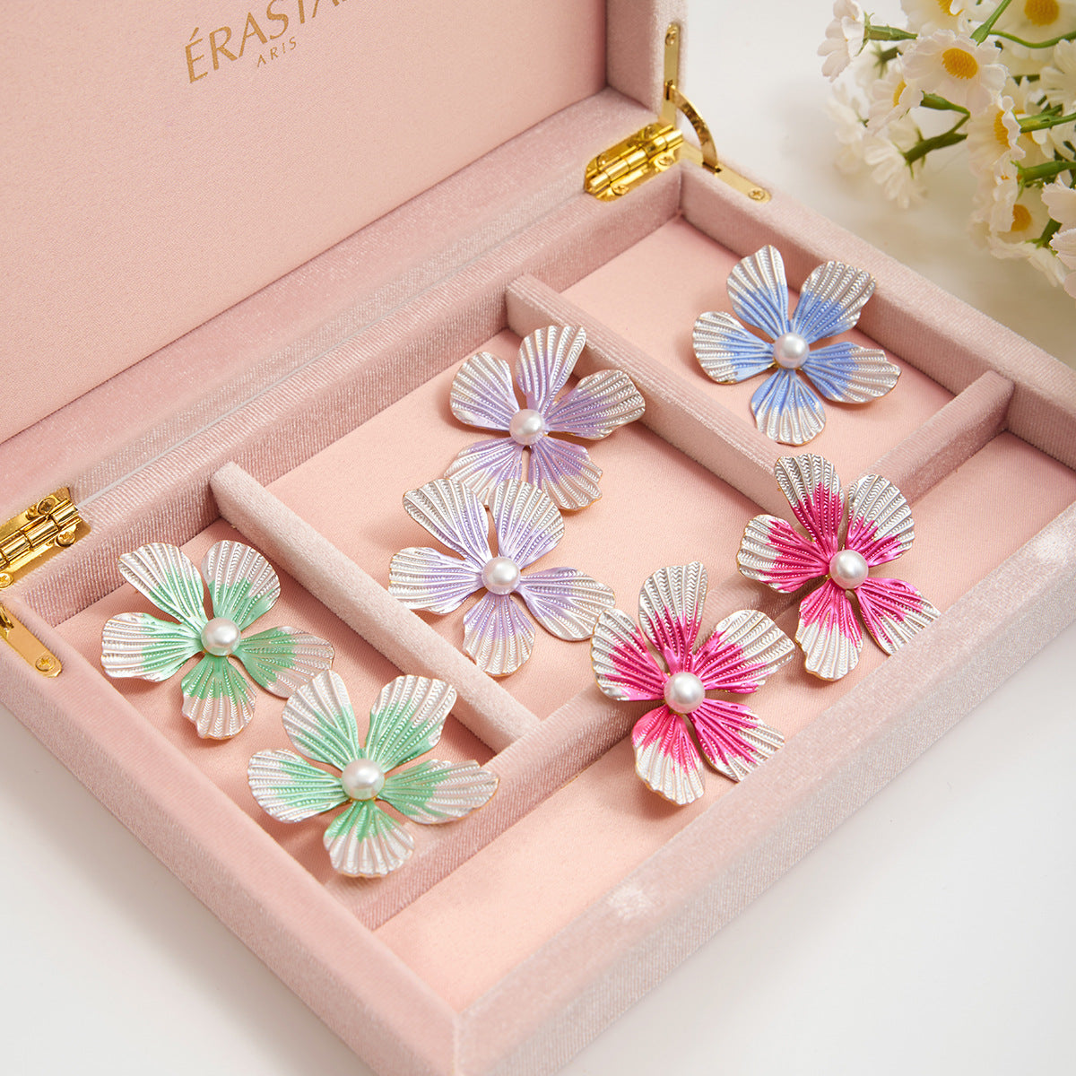 Customizable Stainless Steel 18k Gold PVD Plated Flower Stud Earring with Pearl for Girls