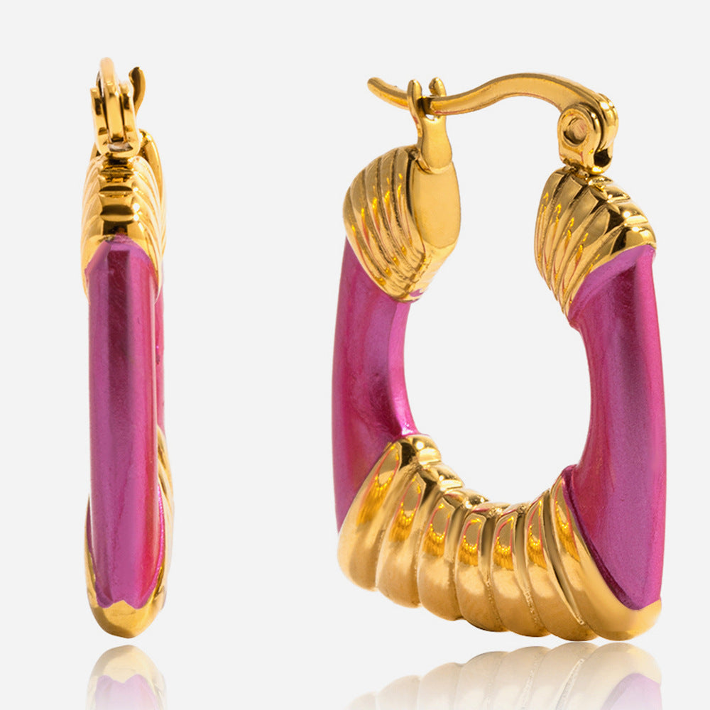 Customizable 18k Gold PVD Plated Stainless Steel Hoop Earrings Trendy Magenta Color Enamel for Party Girls Fashion Accessory
