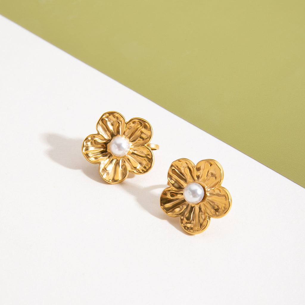 18K Gold PVD Stainless Steel Flower Pearl Clip-on Earrings for Women Unisex Trendy Non-Tarnish Waterproof Hypoallergenic Party