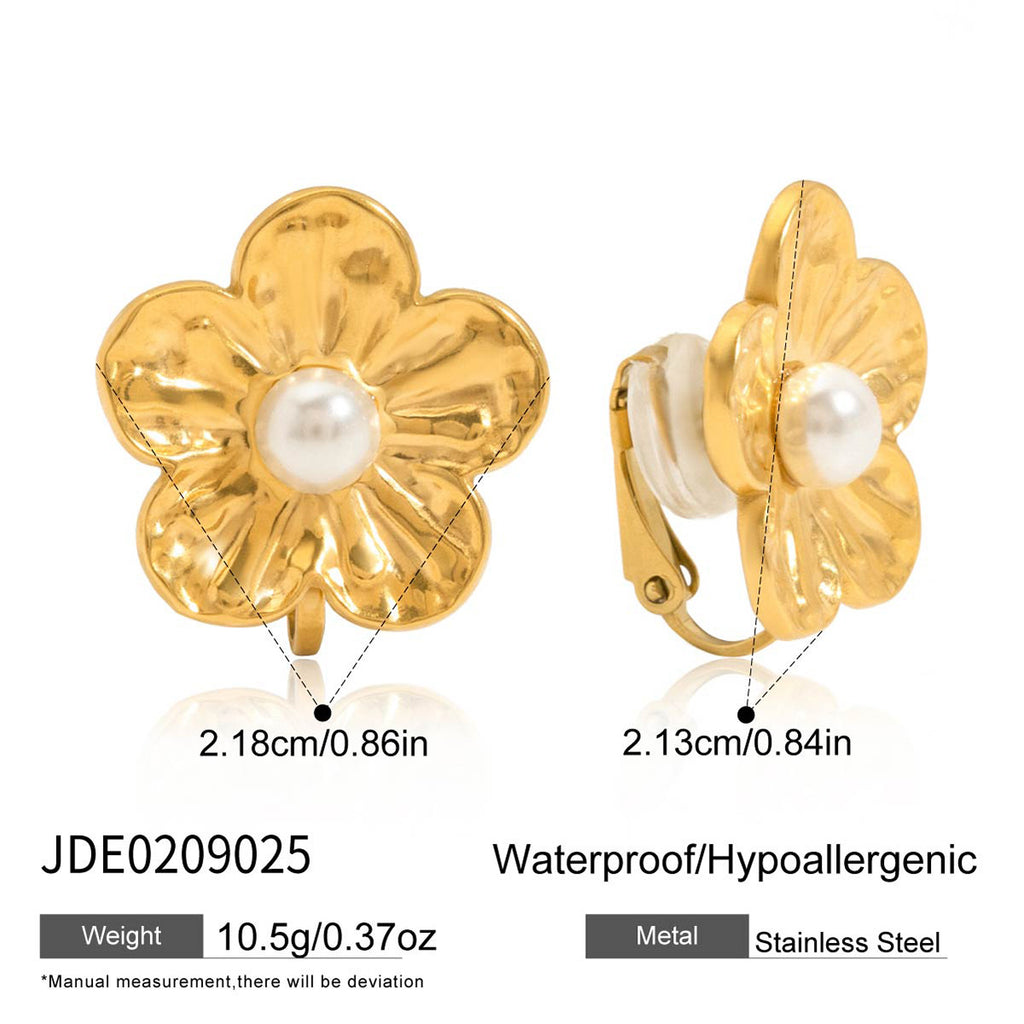 18K Gold PVD Stainless Steel Flower Pearl Clip-on Earrings for Women Unisex Trendy Non-Tarnish Waterproof Hypoallergenic Party