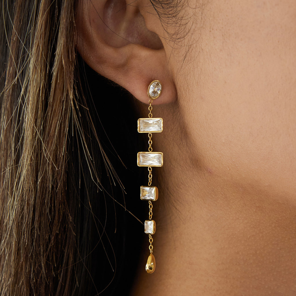 Customizable 18K Gold PVD Plated Stainless Steel Long Drop Earrings with White Zircons Stylish Trendy Party Accessory