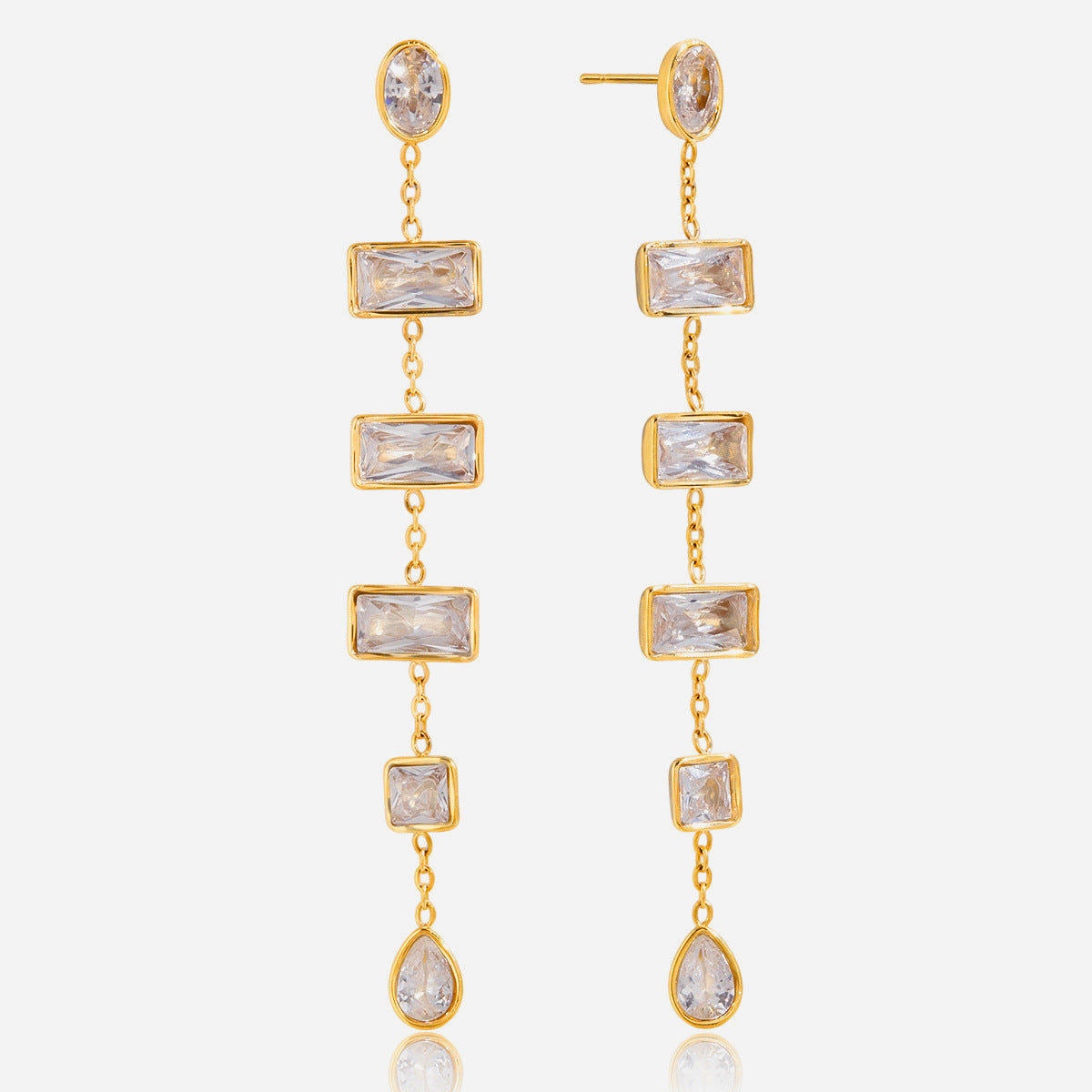 Customizable 18K Gold PVD Plated Stainless Steel Long Drop Earrings with White Zircons Stylish Trendy Party Accessory