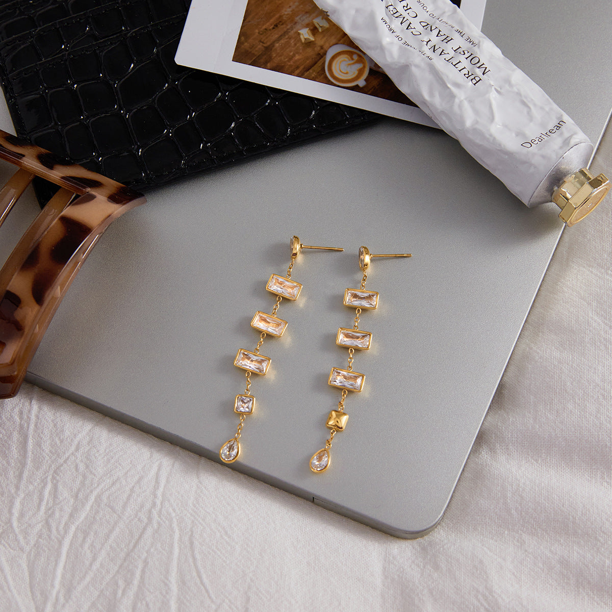 Customizable 18K Gold PVD Plated Stainless Steel Long Drop Earrings with White Zircons Stylish Trendy Party Accessory