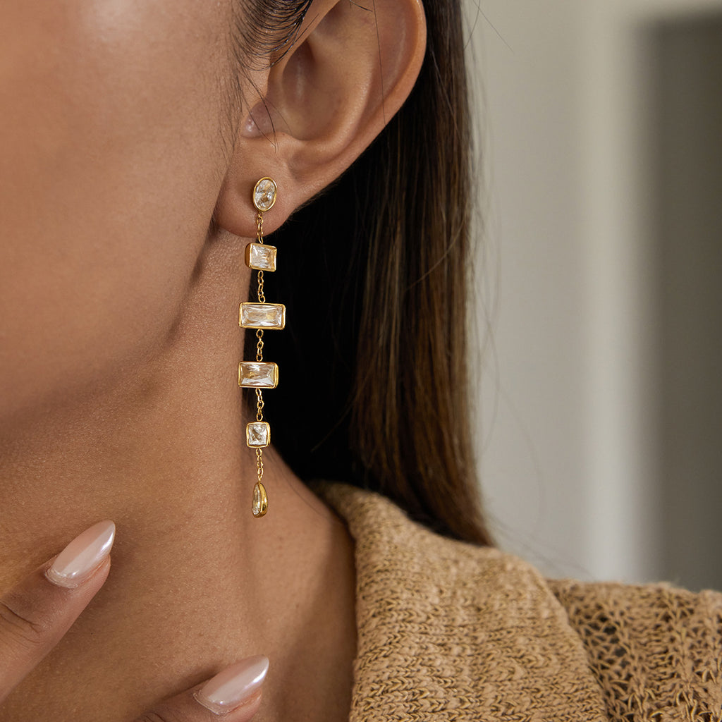 Customizable 18K Gold PVD Plated Stainless Steel Long Drop Earrings with White Zircons Stylish Trendy Party Accessory