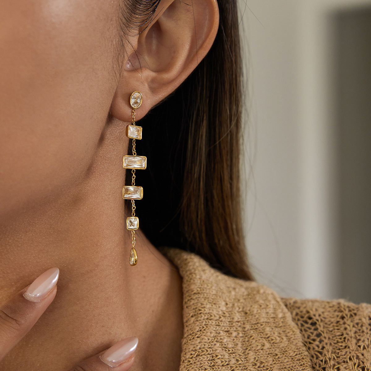 Customizable 18K Gold PVD Plated Stainless Steel Long Drop Earrings with White Zircons Stylish Trendy Party Accessory