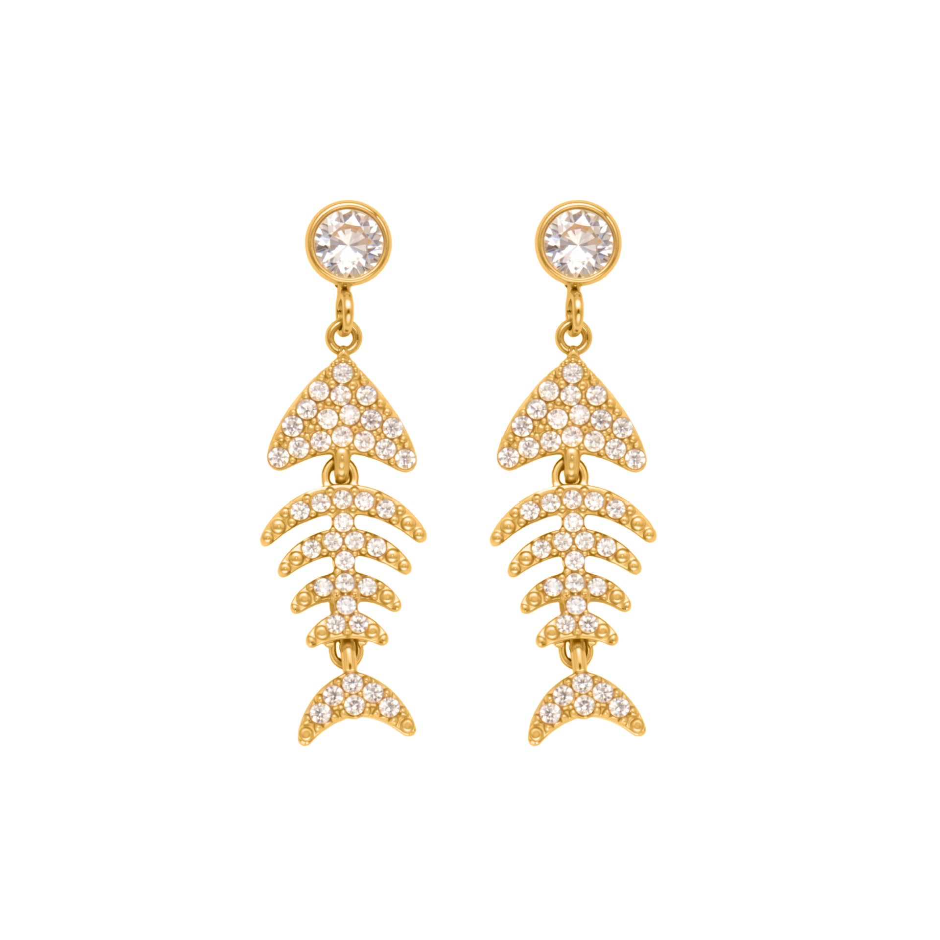 Stainless Steel 18K Gold PVD Plated Fish Stud Earrings Waterproof Hypoallergenic Tarnish-Free White Zircons Trendy Fashion Party