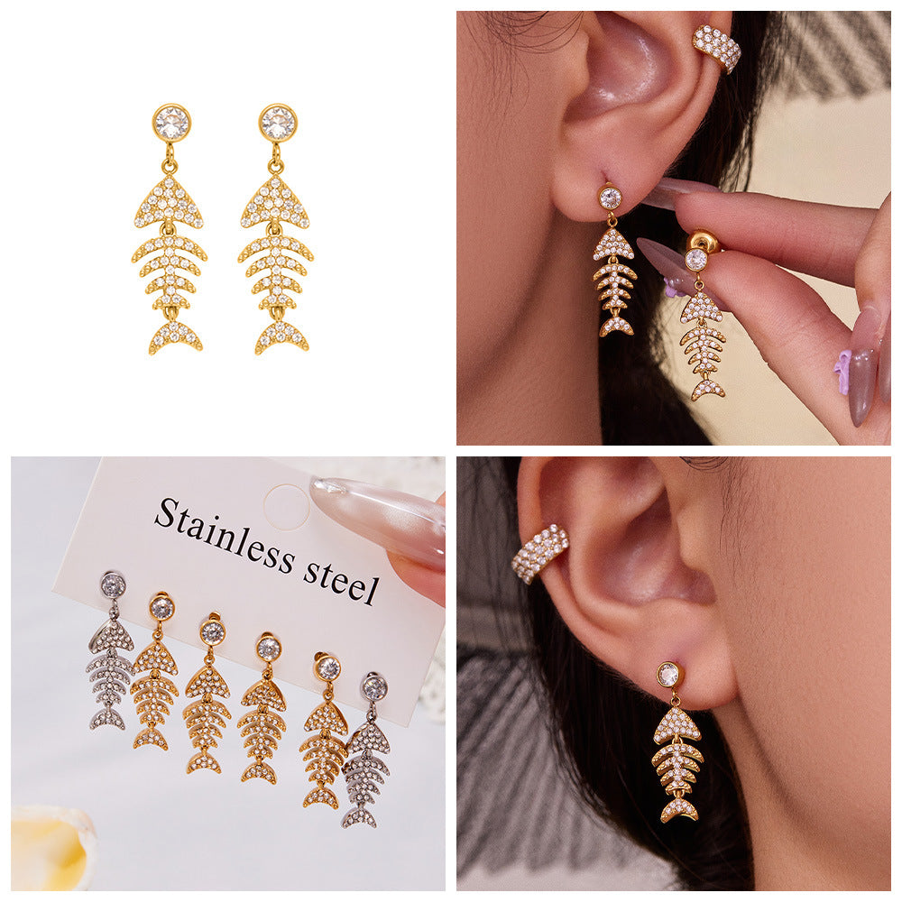 Stainless Steel 18K Gold PVD Plated Fish Stud Earrings Waterproof Hypoallergenic Tarnish-Free White Zircons Trendy Fashion Party