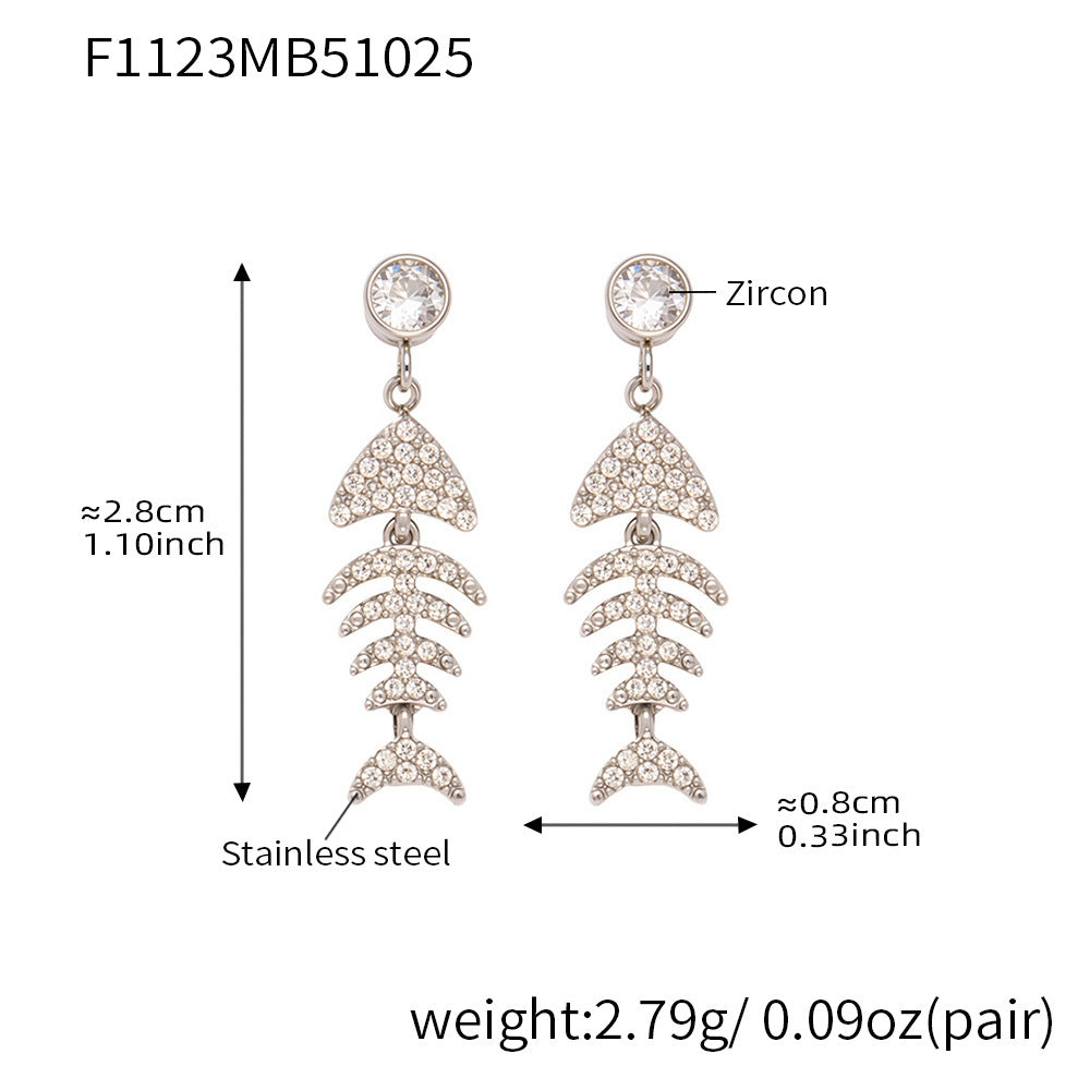 Stainless Steel 18K Gold PVD Plated Fish Stud Earrings Waterproof Hypoallergenic Tarnish-Free White Zircons Trendy Fashion Party